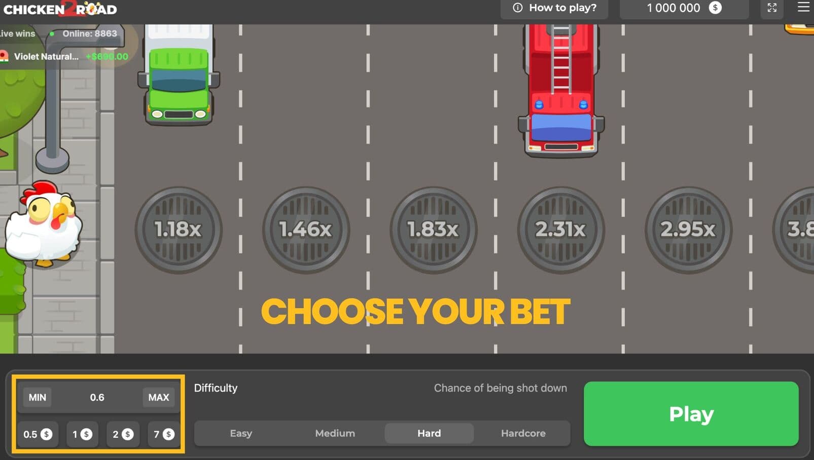 Krok 1 - Zarejestruj się i wybierz stawkę początkową - Chicken Road 2